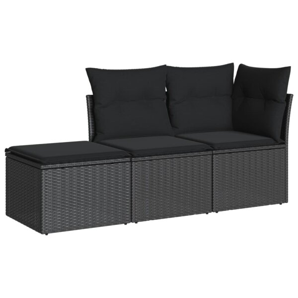 vidaXL 3-tlg. Garten-Sofagarnitur mit Kissen Schwarz Poly Rattan