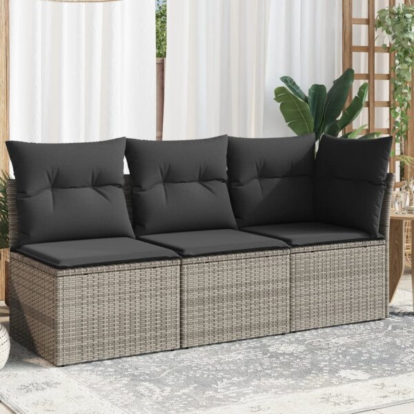 vidaXL Gartensofa mit Kissen 3-Sitzer Grau Poly Rattan