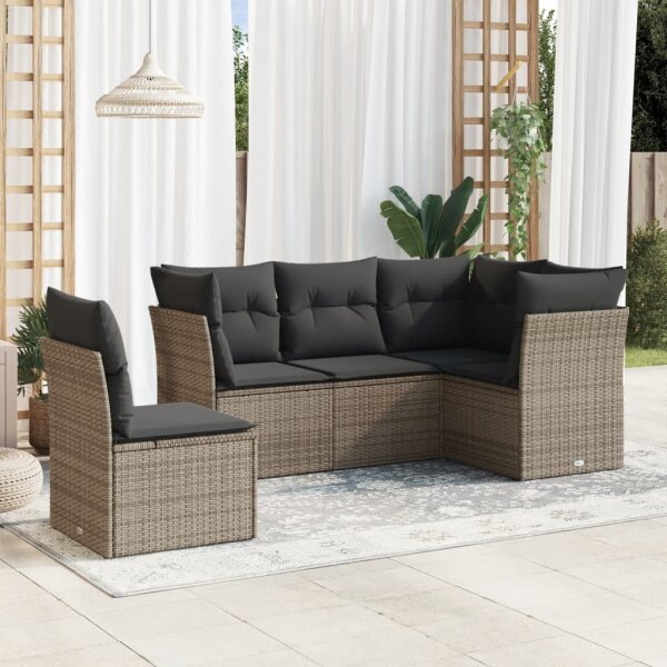 vidaXL 5-tlg. Garten-Sofagarnitur mit Kissen Grau Poly Rattan