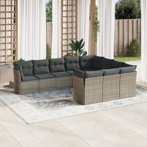 vidaXL 10-tlg. Garten-Sofagarnitur mit Kissen Grau Poly Rattan