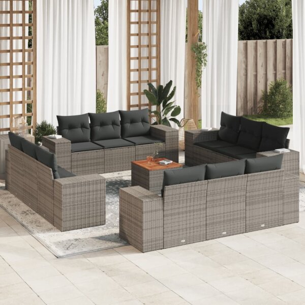 vidaXL 13-tlg. Garten-Sofagarnitur mit Kissen Grau Poly Rattan