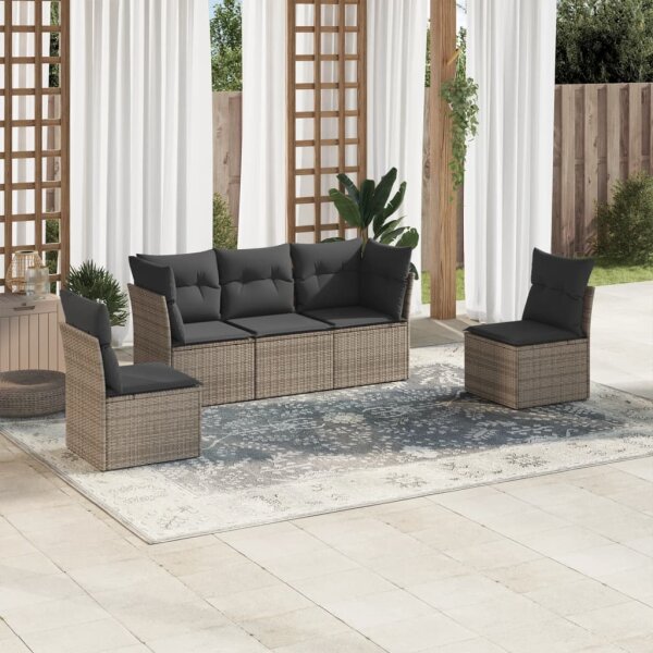 vidaXL 5-tlg. Garten-Sofagarnitur mit Kissen Grau Poly Rattan