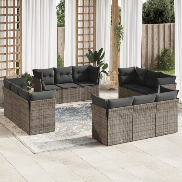 vidaXL 12-tlg. Garten-Sofagarnitur mit Kissen Grau Poly Rattan