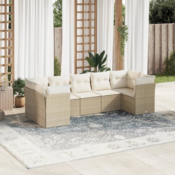 vidaXL 7-tlg. Garten-Sofagarnitur mit Kissen Beige Poly Rattan