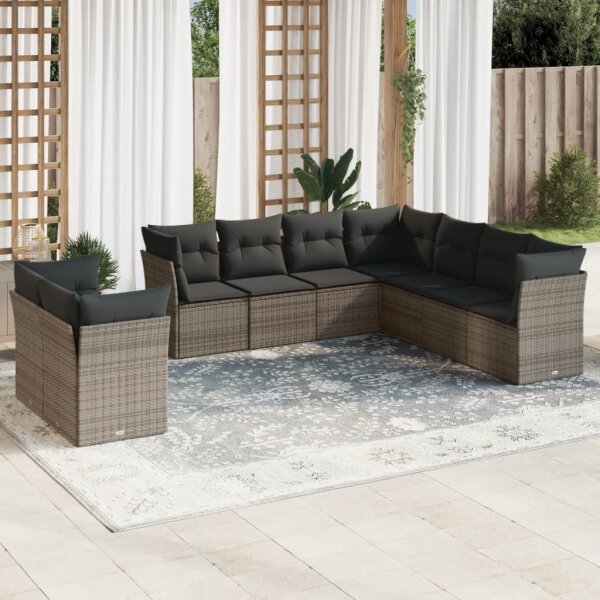 vidaXL 9-tlg. Garten-Sofagarnitur mit Kissen Grau Poly Rattan