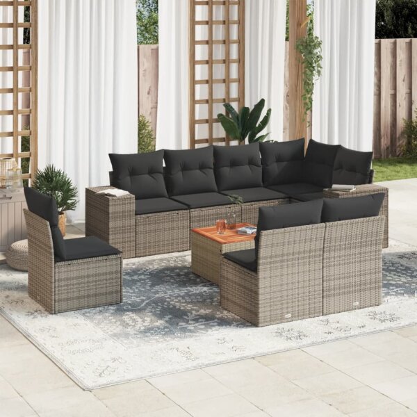 vidaXL 9-tlg. Garten-Sofagarnitur mit Kissen Grau Poly Rattan