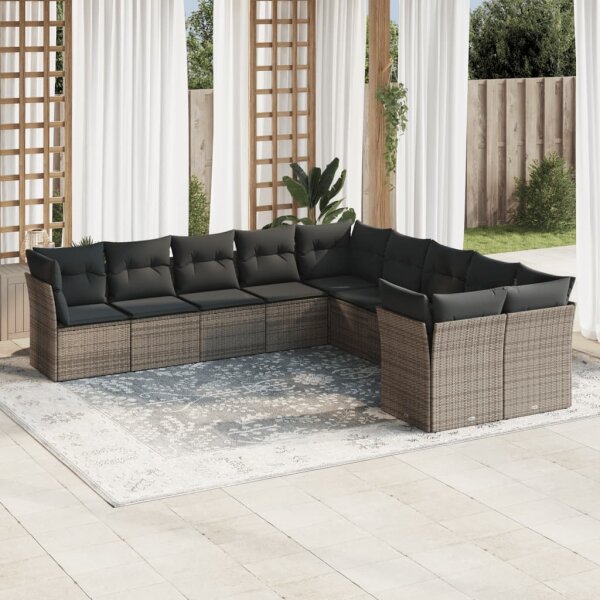 vidaXL 10-tlg. Garten-Sofagarnitur mit Kissen Grau Poly Rattan