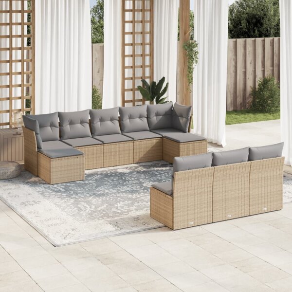 vidaXL 10-tlg. Garten-Sofagarnitur mit Kissen Beige Poly Rattan