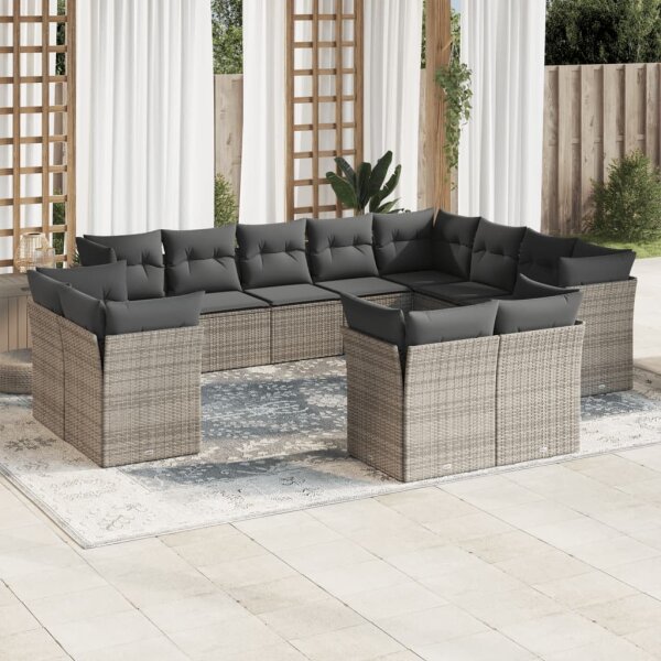 vidaXL 12-tlg. Garten-Sofagarnitur mit Kissen Grau Poly Rattan