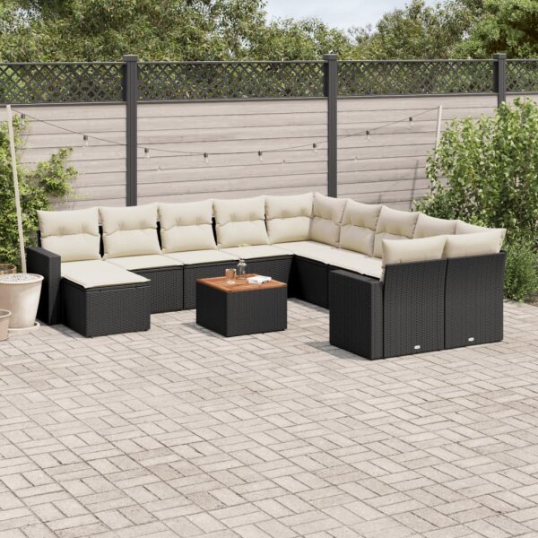 vidaXL 12-tlg. Garten-Sofagarnitur mit Kissen Schwarz Poly Rattan