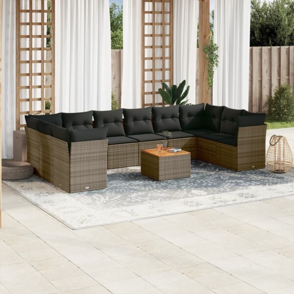 vidaXL 11-tlg. Garten-Sofagarnitur mit Kissen Grau Poly Rattan