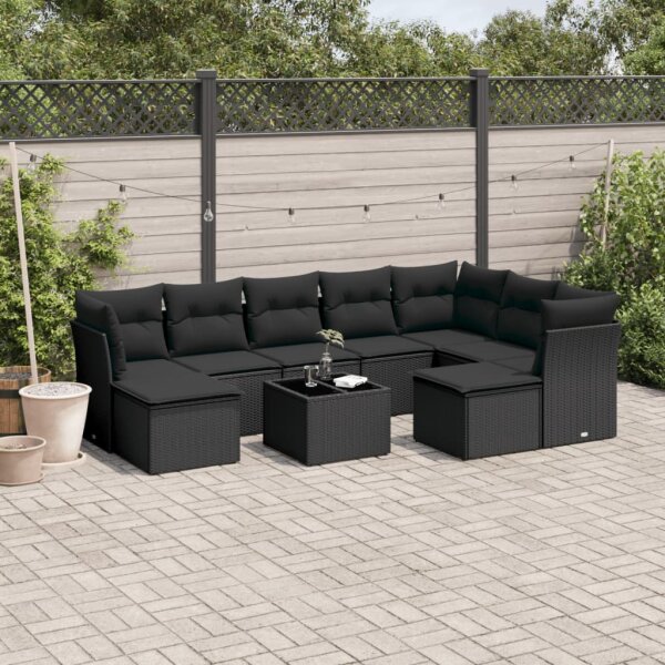 vidaXL 10-tlg. Garten-Sofagarnitur mit Kissen Schwarz Poly Rattan