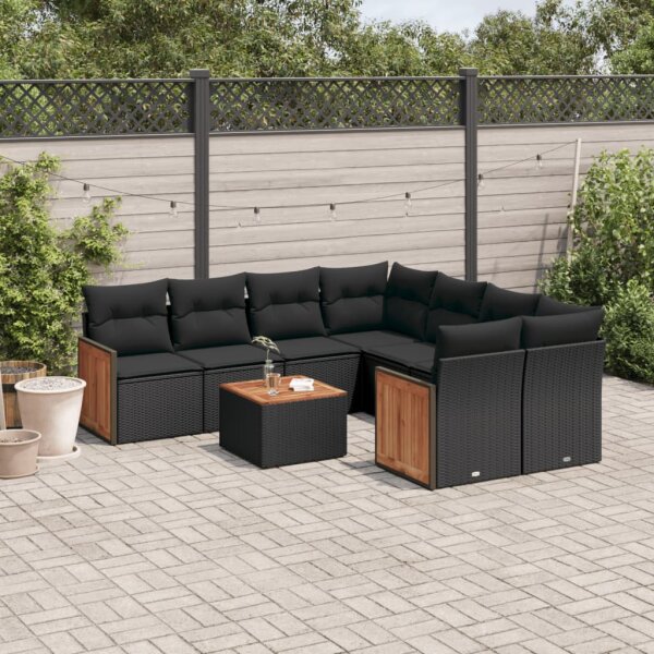 vidaXL 9-tlg. Garten-Sofagarnitur mit Kissen Schwarz Poly Rattan