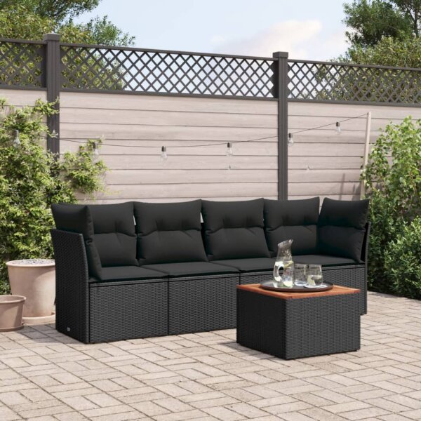 vidaXL 5-tlg. Garten-Sofagarnitur mit Kissen Schwarz Poly Rattan