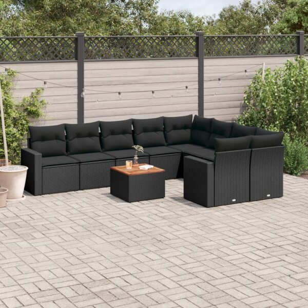 vidaXL 10-tlg. Garten-Sofagarnitur mit Kissen Schwarz Poly Rattan