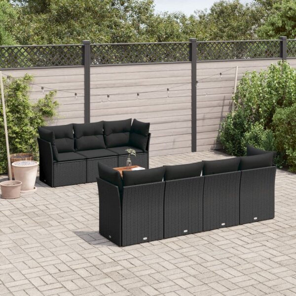 vidaXL 8-tlg. Garten-Sofagarnitur mit Kissen Schwarz Poly Rattan