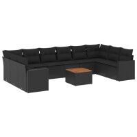 vidaXL 11-tlg. Garten-Sofagarnitur mit Kissen Schwarz Poly Rattan