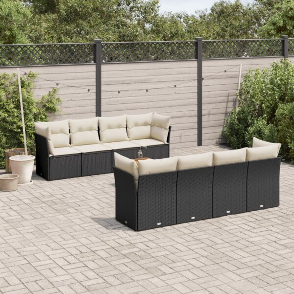 vidaXL 9-tlg. Garten-Sofagarnitur mit Kissen Schwarz Poly Rattan