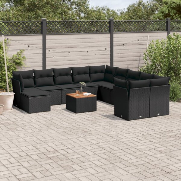 vidaXL 12-tlg. Garten-Sofagarnitur mit Kissen Schwarz Poly Rattan