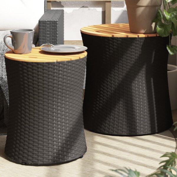 vidaXL Garten-Beistelltische 2 Stk. mit Holzplatte Schwarz Poly Rattan