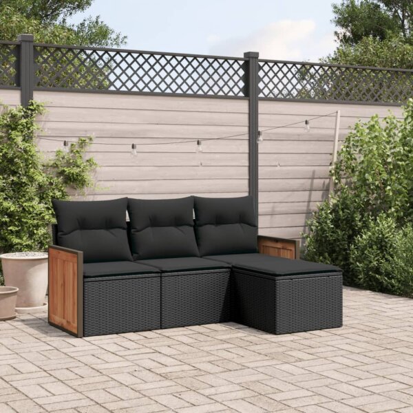 vidaXL 4-tlg. Garten-Sofagarnitur mit Kissen Schwarz Poly Rattan