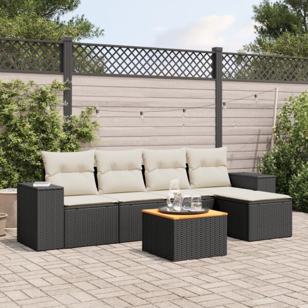 vidaXL 6-tlg. Garten-Sofagarnitur mit Kissen Schwarz Poly Rattan