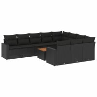 vidaXL 11-tlg. Garten-Sofagarnitur mit Kissen Schwarz Poly Rattan