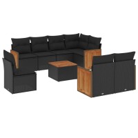 vidaXL 9-tlg. Garten-Sofagarnitur mit Kissen Schwarz Poly Rattan