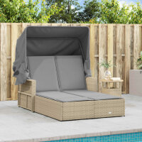 vidaXL Doppel-Sonnenliege mit Dach und Auflagen Beige Poly Rattan