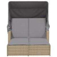 vidaXL Doppel-Sonnenliege mit Dach und Auflagen Beige Poly Rattan