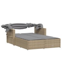 vidaXL Doppel-Sonnenliege mit Dach und Auflagen Beige Poly Rattan