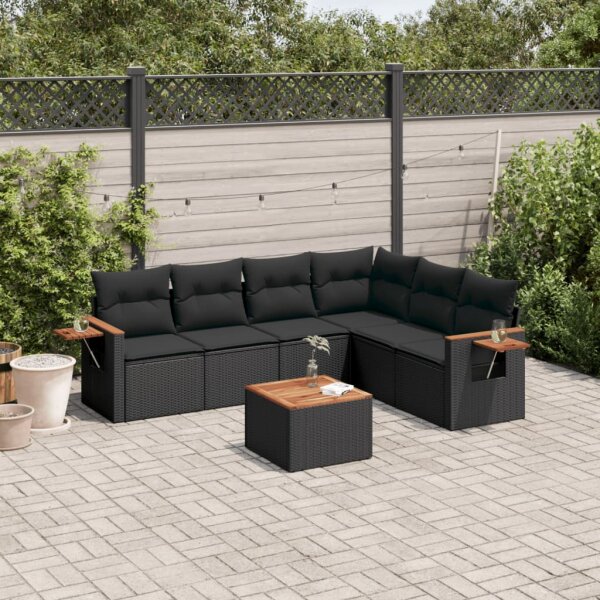 vidaXL 7-tlg. Garten-Sofagarnitur mit Kissen Schwarz Poly Rattan