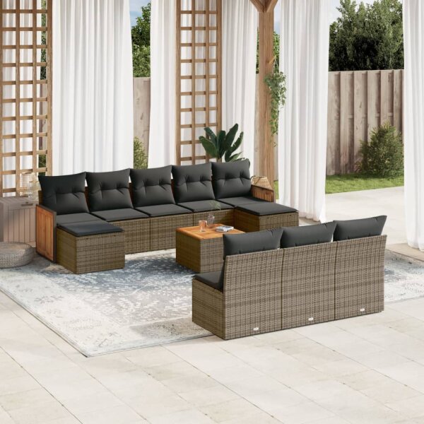 vidaXL 11-tlg. Garten-Sofagarnitur mit Kissen Grau Poly Rattan