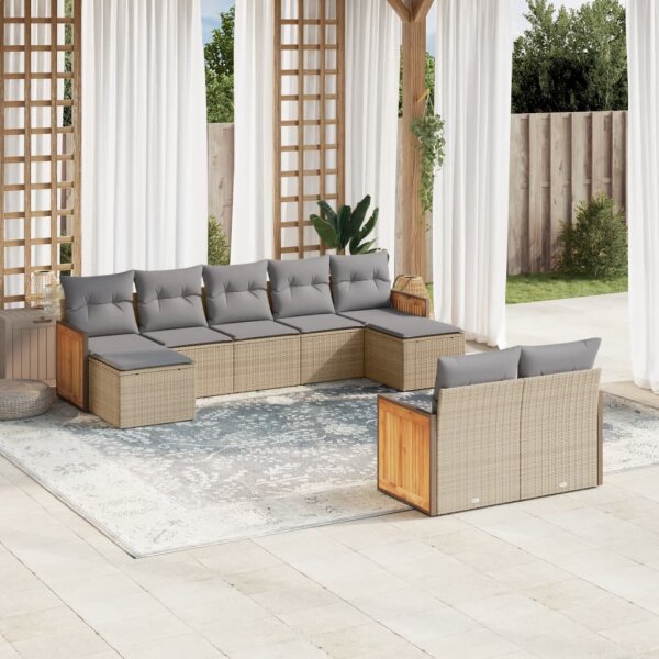 vidaXL 9-tlg. Garten-Sofagarnitur mit Kissen Beige Poly Rattan