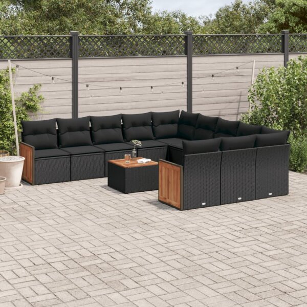 vidaXL 12-tlg. Garten-Sofagarnitur mit Kissen Schwarz Poly Rattan