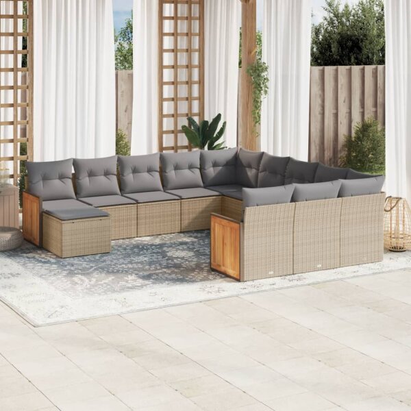 vidaXL 12-tlg. Garten-Sofagarnitur mit Kissen Beige Poly Rattan