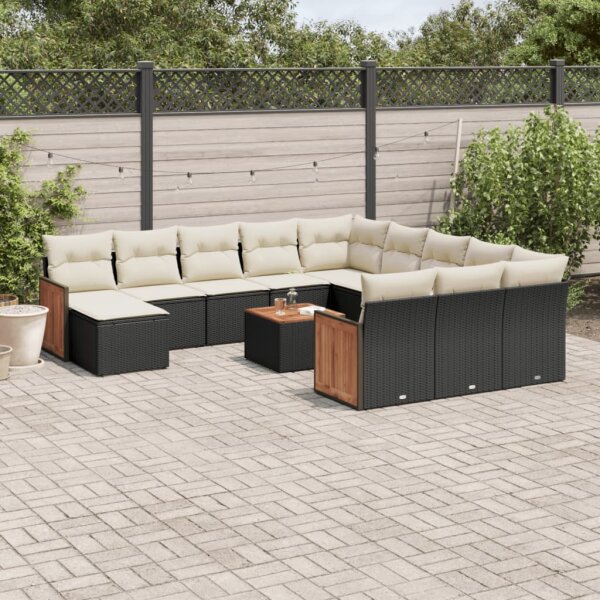 vidaXL 13-tlg. Garten-Sofagarnitur mit Kissen Schwarz Poly Rattan