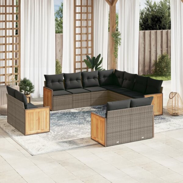 vidaXL 11-tlg. Garten-Sofagarnitur mit Kissen Grau Poly Rattan