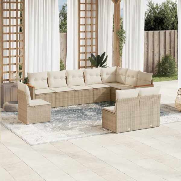 vidaXL 10-tlg. Garten-Sofagarnitur mit Kissen Beige Poly Rattan