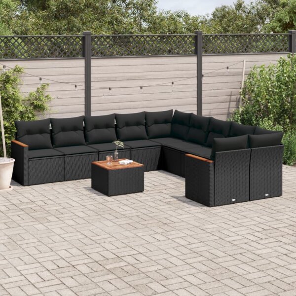 vidaXL 11-tlg. Garten-Sofagarnitur mit Kissen Schwarz Poly Rattan