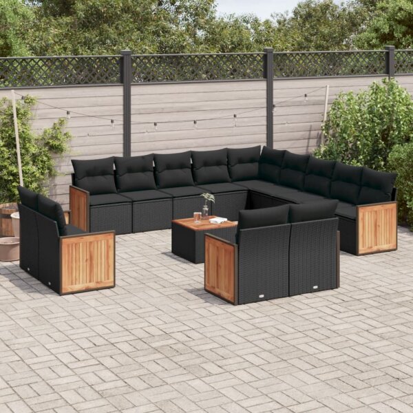 vidaXL 14-tlg. Garten-Sofagarnitur mit Kissen Schwarz Poly Rattan