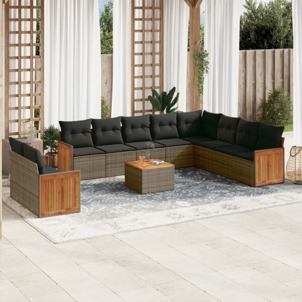 vidaXL 11-tlg. Garten-Sofagarnitur mit Kissen Grau Poly Rattan