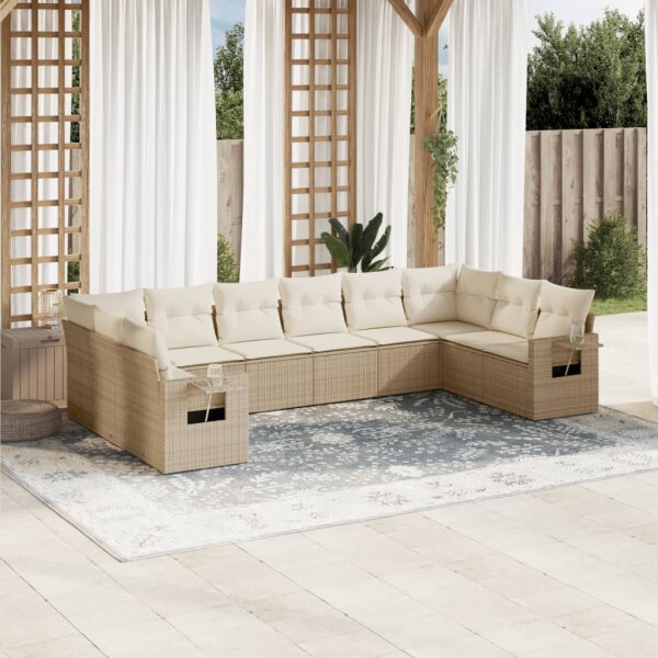 vidaXL 10-tlg. Garten-Sofagarnitur mit Kissen Beige Poly Rattan