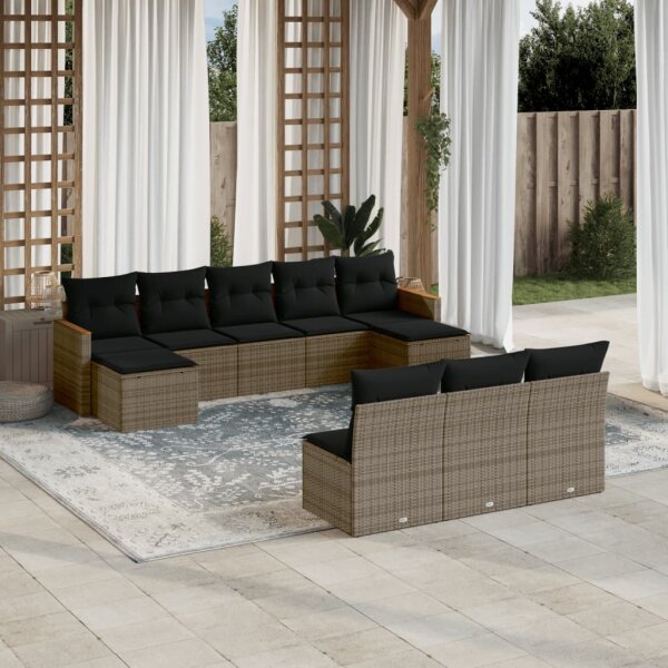 vidaXL 10-tlg. Garten-Sofagarnitur mit Kissen Grau Poly Rattan