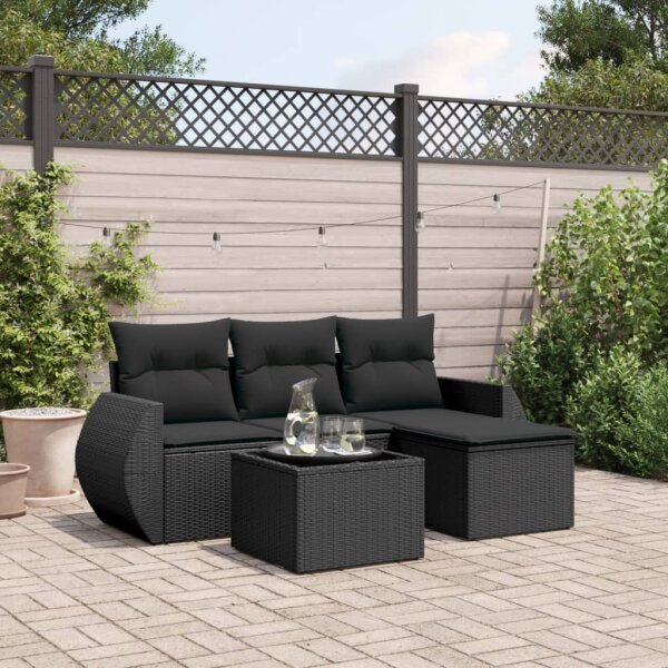 vidaXL 5-tlg. Garten-Sofagarnitur mit Kissen Schwarz Poly Rattan