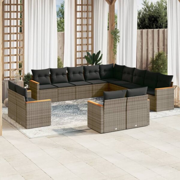 vidaXL 13-tlg. Garten-Sofagarnitur mit Kissen Grau Poly Rattan