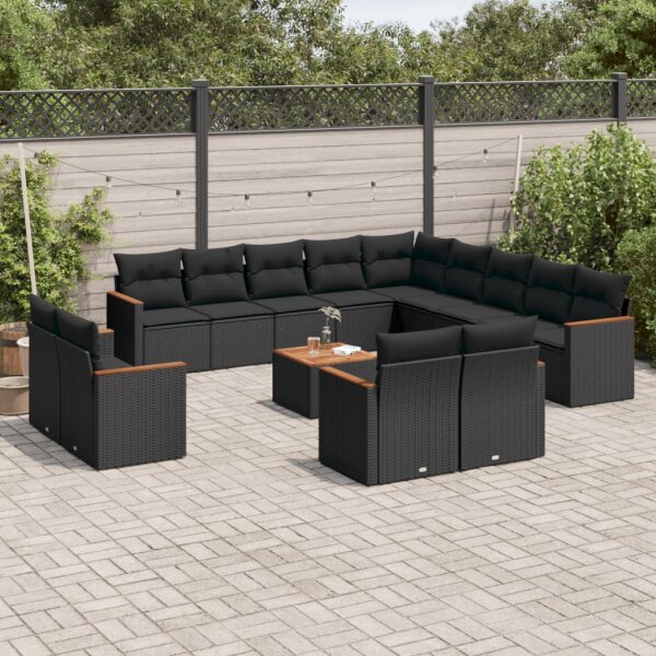 vidaXL 14-tlg. Garten-Sofagarnitur mit Kissen Schwarz Poly Rattan