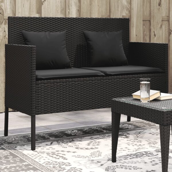 vidaXL Gartenbank mit Kissen Schwarz Poly Rattan