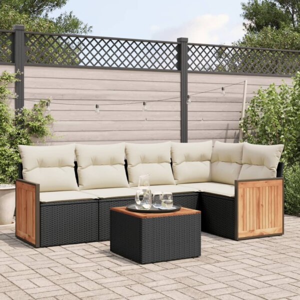 vidaXL 6-tlg. Garten-Sofagarnitur mit Kissen Schwarz Poly Rattan