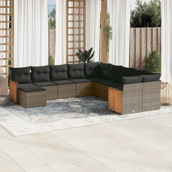 vidaXL 11-tlg. Garten-Sofagarnitur mit Kissen Grau Poly Rattan